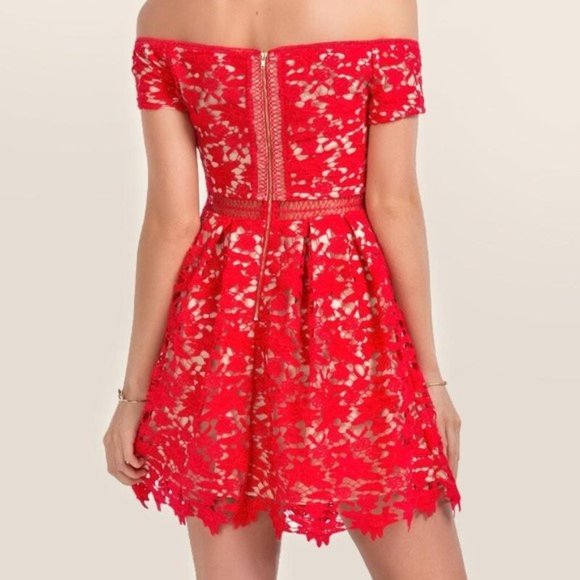 Red Beverly Off The Shoulder Crochet Lace A line Mini Dress - Picture 7 of 8